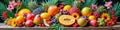 Vibrant tropical fruit arrangement with exotic flowers on wooden table Royalty Free Stock Photo
