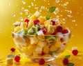 Vibrant Tropical Fruit Salad Splash in Glass Bowl on Sunny Yellow Background Royalty Free Stock Photo