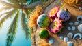 Exotic Tropical Fruits Still Life on Beach with Palm Tree Royalty Free Stock Photo