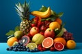 Vibrant tropical fruits showcased on a calming blue background