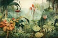 Vibrant tropical jungle watercolor with exotic flowers. Wall art wallpaper