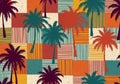 Vibrant tropical palm tree silhouette pattern on patchwork background Royalty Free Stock Photo