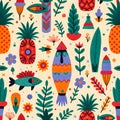 Vibrant tropical pattern with pineapples, fish, and flowers Royalty Free Stock Photo