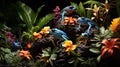 Vibrant Tropical Rainforest: Blue Poison Dart Frog Climbing Towering Tree Trunk