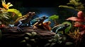 Vibrant Tropical Rainforest: Blue Poison Dart Frog Climbing Towering Tree Trunk