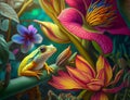 Tiny rainforest frog in colorful flowers