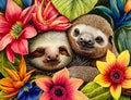 Sloths in colorful flowers