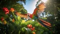 Vibrant tropical scene featuring a majestic parrot soaring through the air