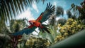 Vibrant tropical scene featuring a majestic parrot soaring through the air