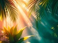 A vibrant tropical scene. Lush green palm leaves, bathed in warm sunlight. The rays of light pierce through the foliage, casting Royalty Free Stock Photo