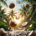 Vibrant tropical scene with pieces of coconut falling mid-air, captured in dynamic motion. Royalty Free Stock Photo