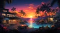 Vibrant tropical sunset over serene island paradise