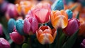 Vibrant tulip blossom, a gift of love in nature generated by AI