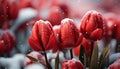 A vibrant tulip blossom in a meadow, wet with dew generated by AI