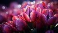 Vibrant tulip blossom in wet meadow, nature romantic gift generated by AI