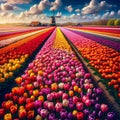 Vibrant Tulip Fields - Dutch Windmill Scenic Beauty