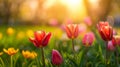 Sunset Glow Over Vibrant Tulips in Springtime Park Royalty Free Stock Photo