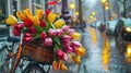 Vibrant Tulips in Bike Basket Brighten Rainy City Day. Urban Spring Charm Captured. Fresh Flowers Delivery Concept. AI Royalty Free Stock Photo