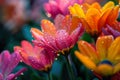 Vibrant tulips with dewdrops close-up. Generative AI