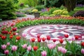 vibrant tulips in a geometrically composed garden