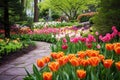 vibrant tulips in a geometrically composed garden