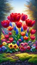 Vibrant Tulips and Mixed Spring Flowers in Garden Setting. Celebration spring holiday Easter, Spring Equinox day