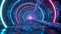 This vibrant tunnel pulses with neon lights and particles, evoking high-energy physics in a digital world