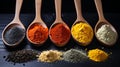 Vibrant turmeric powder on black stone surface with copy space for food and spice concept banner.