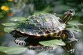 Colorful Painted Turtle on Lily Pads in Pond Royalty Free Stock Photo