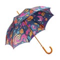 A colorful umbrella with floral designs and a wooden handle isolated against a white background studio shot Royalty Free Stock Photo
