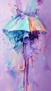 Vibrant umbrella with multicolored paint splashes trailing behind on a pastel gradient background. ai