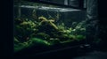 Vibrant underwater aqua scape ecosystem in a large fish tank aquarium with colorful stone, wood, aquarium ornament, fish, and