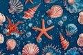 Vibrant underwater scene with colorful sea shells, starfish, and bubbles on blue background Royalty Free Stock Photo