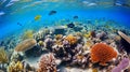 Vibrant underwater scene in a coral reef with diverse marine life