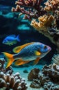 Exotic Cichlid Fish Swimming Among Coral Reefs in Tropical Aquarium Tank Royalty Free Stock Photo