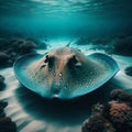 Vibrant underwater scene featuring a spotted stingray amidst serene ocean flora, illuminated by soft natural light.