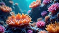 Vibrant underwater sea life scene featuring a diverse array of coral polyps in a stunning display of color and texture. Generative Royalty Free Stock Photo