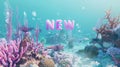 Vibrant Underwater Seascape with Bold NEW Text Amidst Coral Reefs
