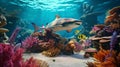 Vibrant Underwater Still Life: Hyper-realistic Shark Swimming Among Colorful Corals