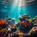 Vibrant Underwater Symphony: Colorful Corals and Tropical Fish in Crystal-Clear Turquoise Ocean