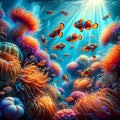 Vibrant Underwater Wonderland: AI-Captured Coral Reef with Clownfish and Anemones Royalty Free Stock Photo