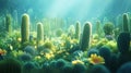 A vibrant underwater world full of unique cacti, lush greenery, and colorful flowers