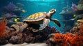 Vibrant Underwater World: Realistic Turtle Swimming In Hyper-detailed Diorama