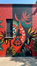 Vibrant urban mural on red and black brick wall featuring abstract plant and face design Royalty Free Stock Photo