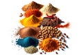 colorful spices, including ground cinnamons and sesame seeds, on a white background
