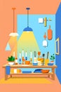 Colorful Kitchen Interior with Tableware and Candles Flat Vector Illustration Royalty Free Stock Photo