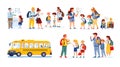 Diverse vector illustrations of students and teachers in school settings, featuring a yellow bus. Royalty Free Stock Photo