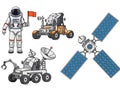 Space Exploration Elements Set: Astronaut, Rovers, and Satellite Royalty Free Stock Photo
