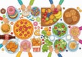 Healthy vs. Unhealthy Food Choices Illustration. Diverse Hands Sharing Meal: Pizza, Fruits, Salad, Fast Food & Sweets. Top View Fa Royalty Free Stock Photo