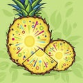 Vibrant vector illustration of sliced pineapples with a festive geometric pattern on a light green Royalty Free Stock Photo